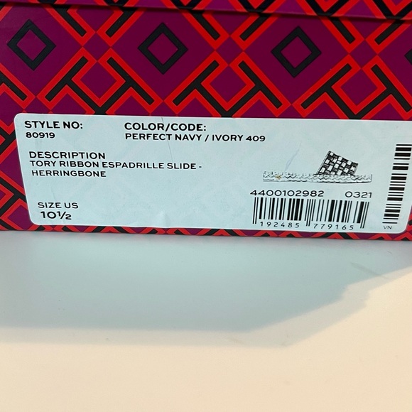 Tory Burch Ribbon Espadrille Slide Herringbone Size 10.5 Color Navy & Ivory - Picture 6 of 6